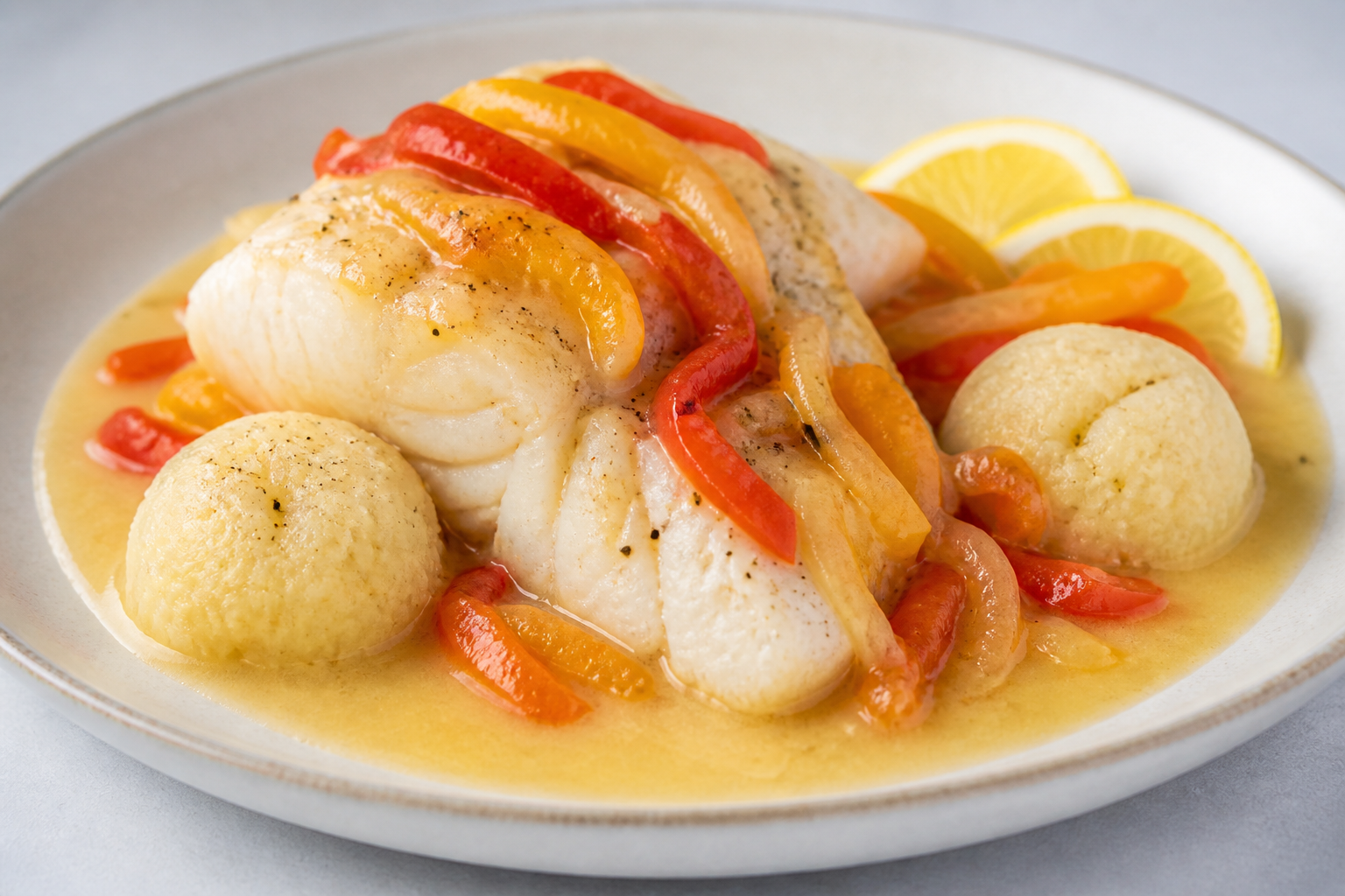 Coconut-Braised Cod with Yam Dumplings and Sweet Peppers