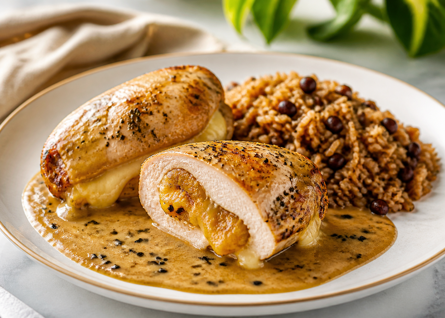 Pechuga de Pollo Rellena de Amarillos y Queso con Salsa Criolla de Ajonjolí y Arroz de Gandules Tostados