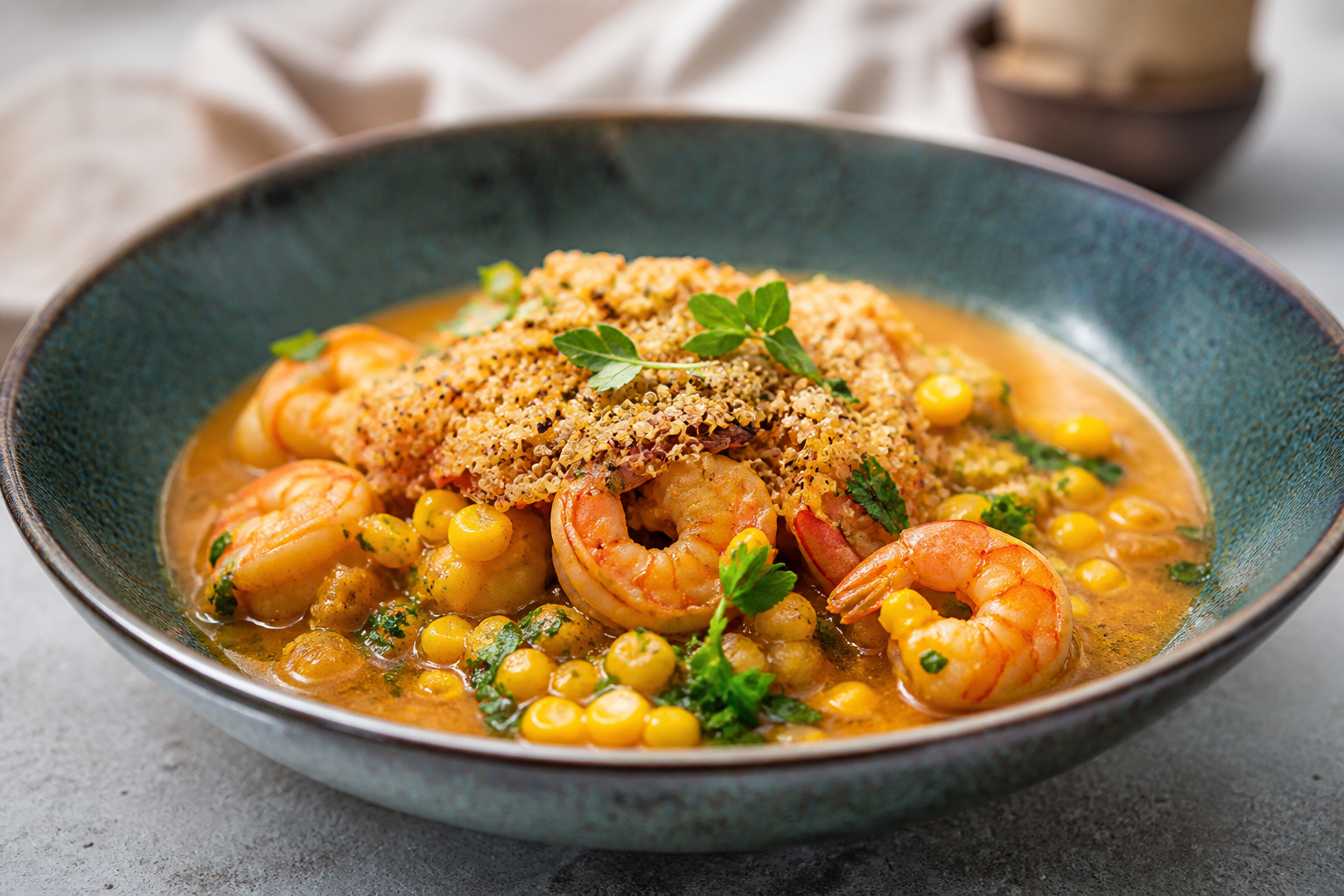 Quito-Style Shrimp and Corn Cazuela with Yellow Chili Sauce and Quinoa Crust