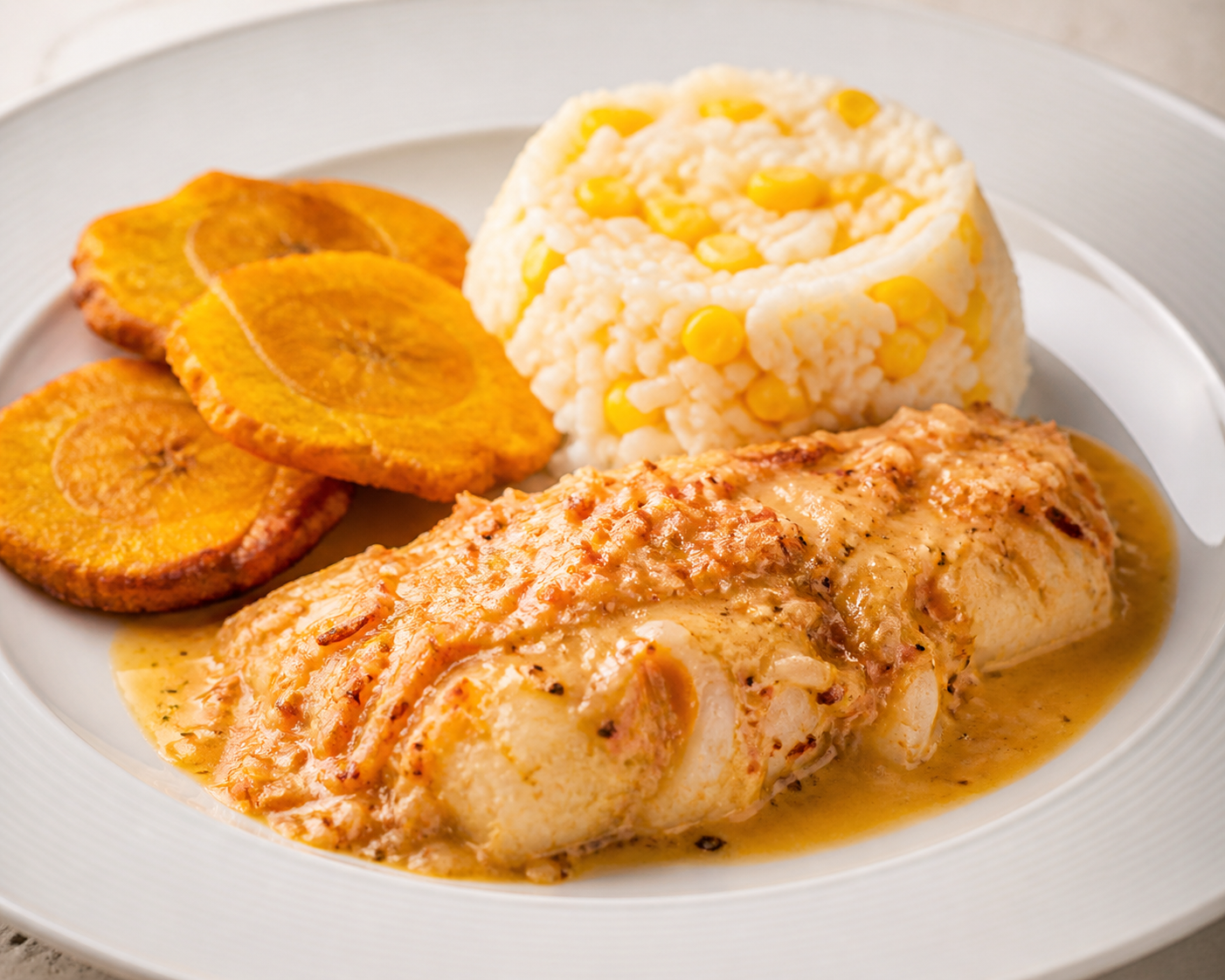 Mero manabita en salsa de coco tostado y lima con arroz meloso de choclo y crujiente de plátano verde