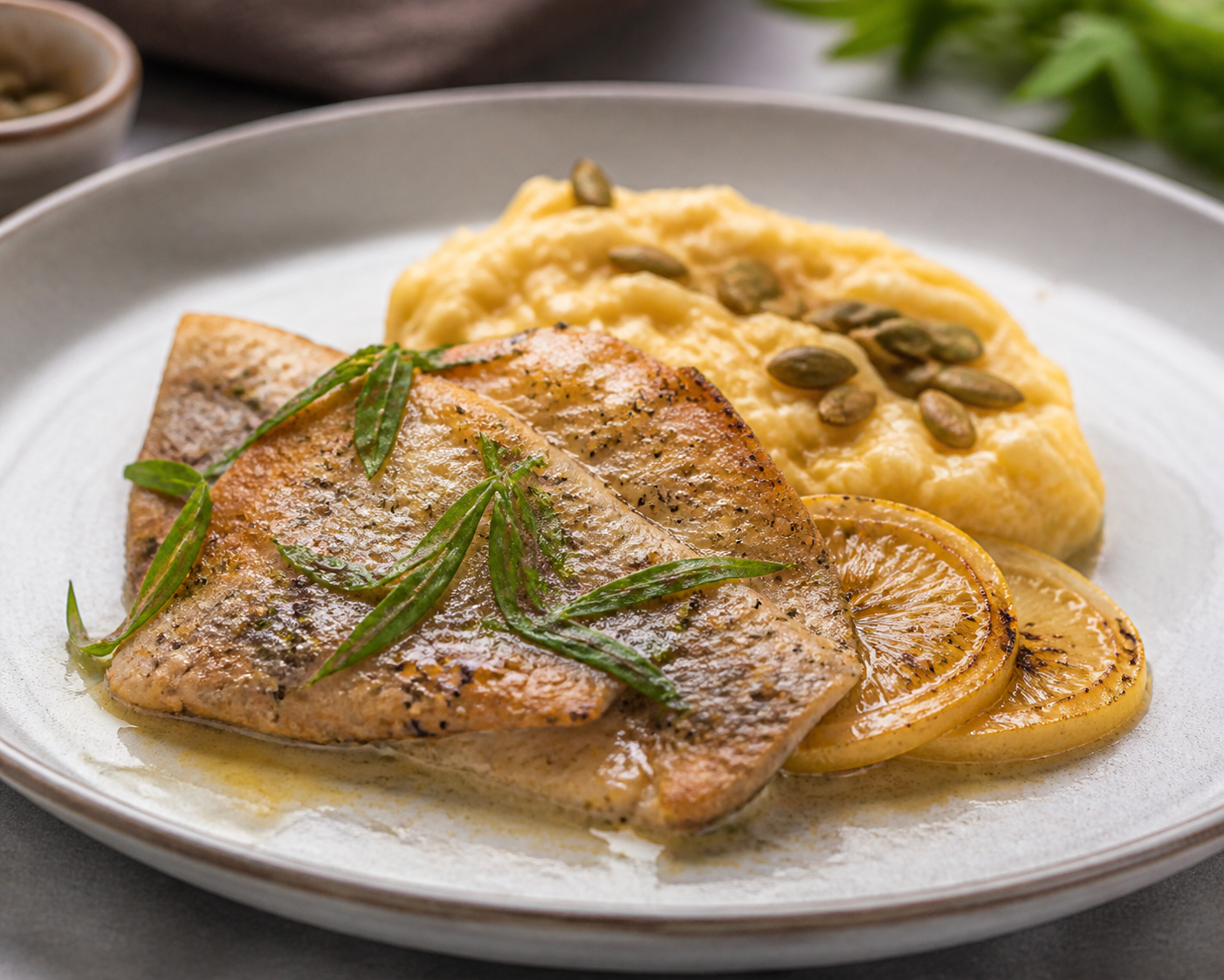 Trout with lemon verbena and sour orange, served with savory corn porridge and crunchy pumpkin seeds