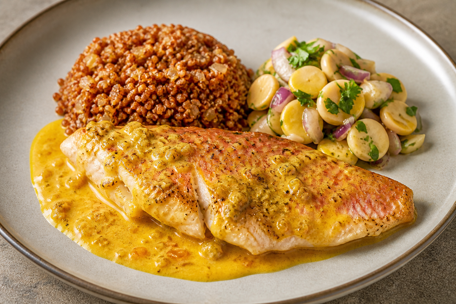 Red Snapper in Taxo-Coconut Sauce with Achiote Toasted Quinoa and Fresh Lupini Bean Salad