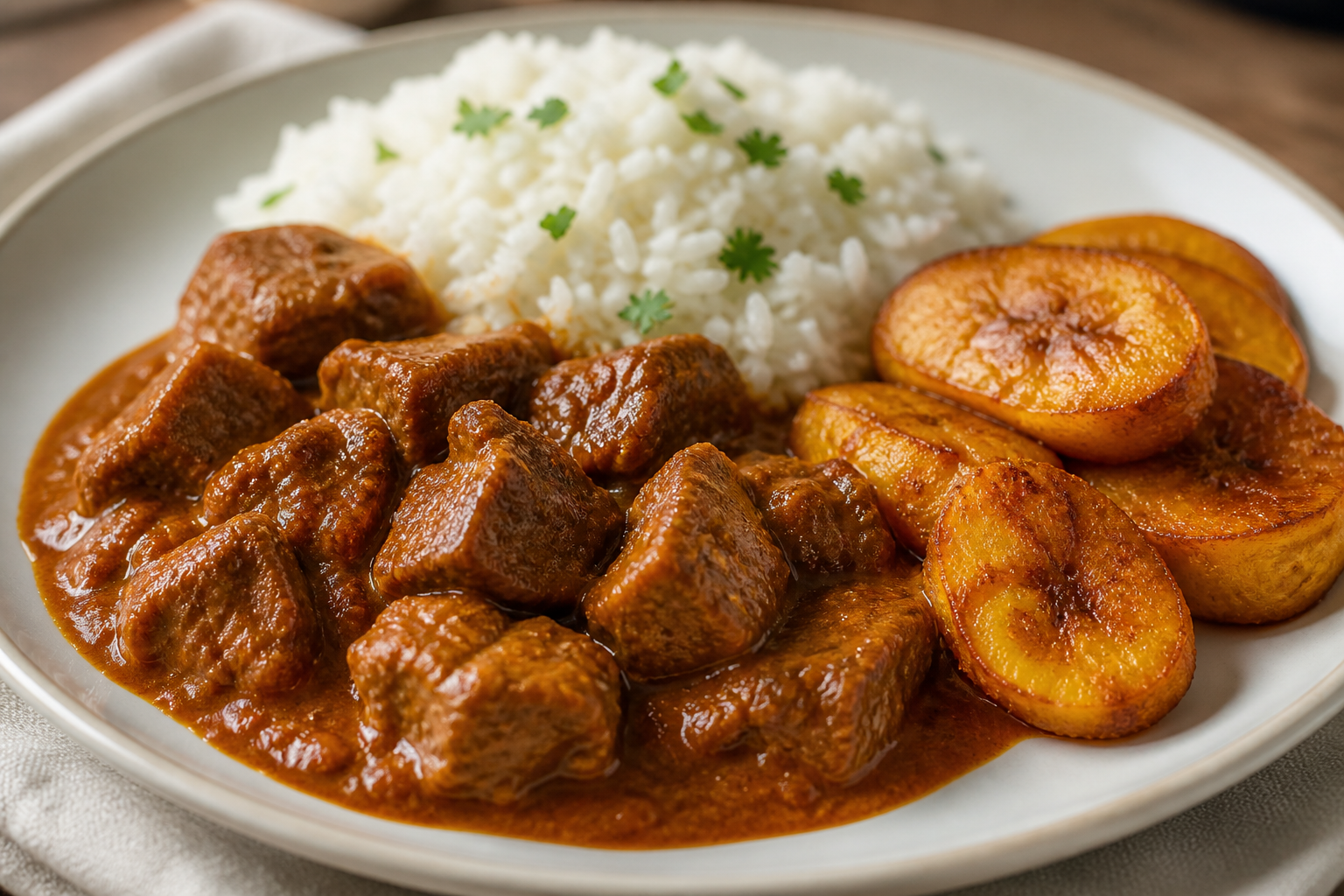 Res Catracha en Salsa de Cacahuate Tostado y Chile Pasa con Arroz de Ajo y Plátano Maduro Dorado