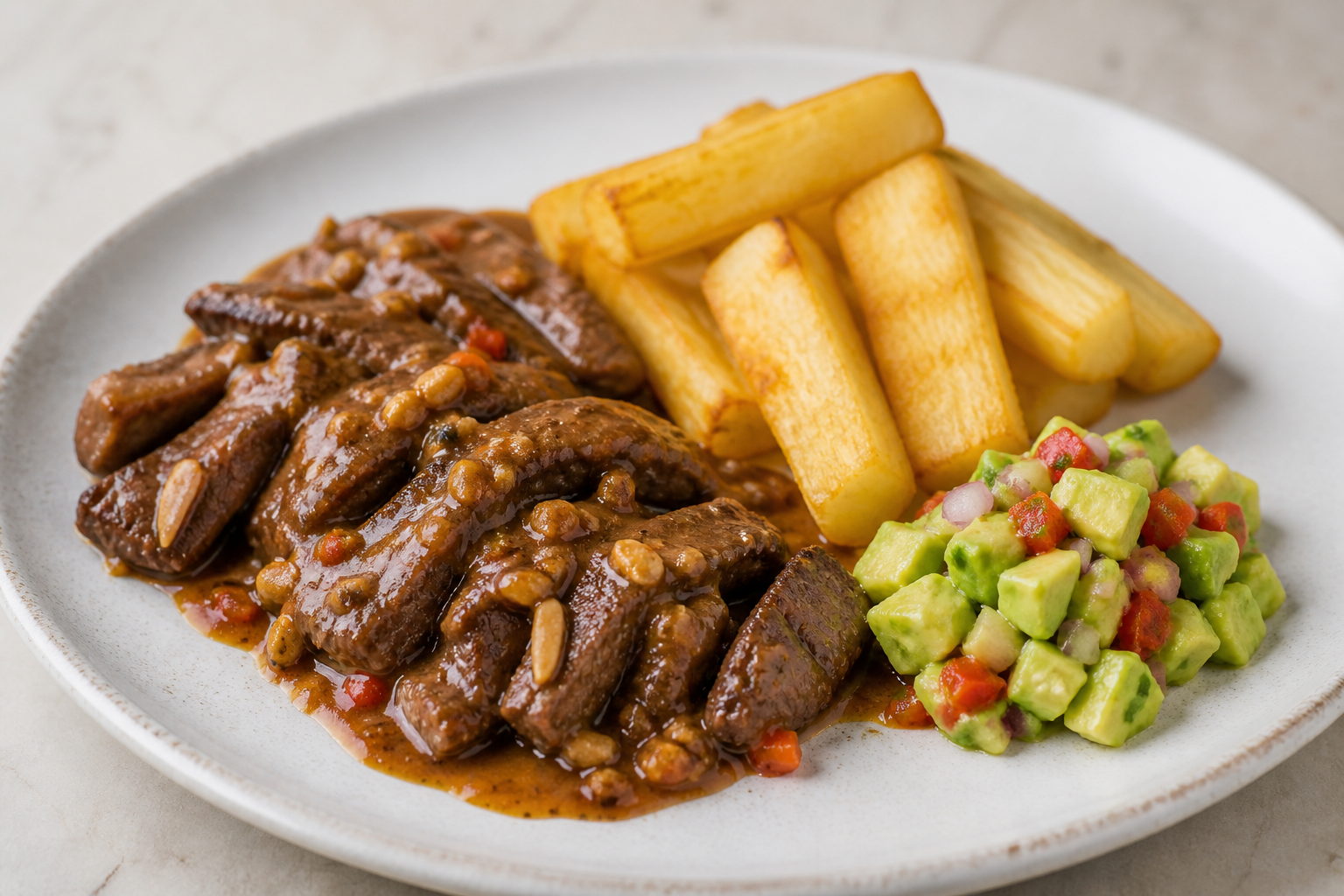 Res Hondureña en Salsa de Tamarindo, Chile Dulce y Cacahuate con Yuca Dorada y Chimol de Aguacate
