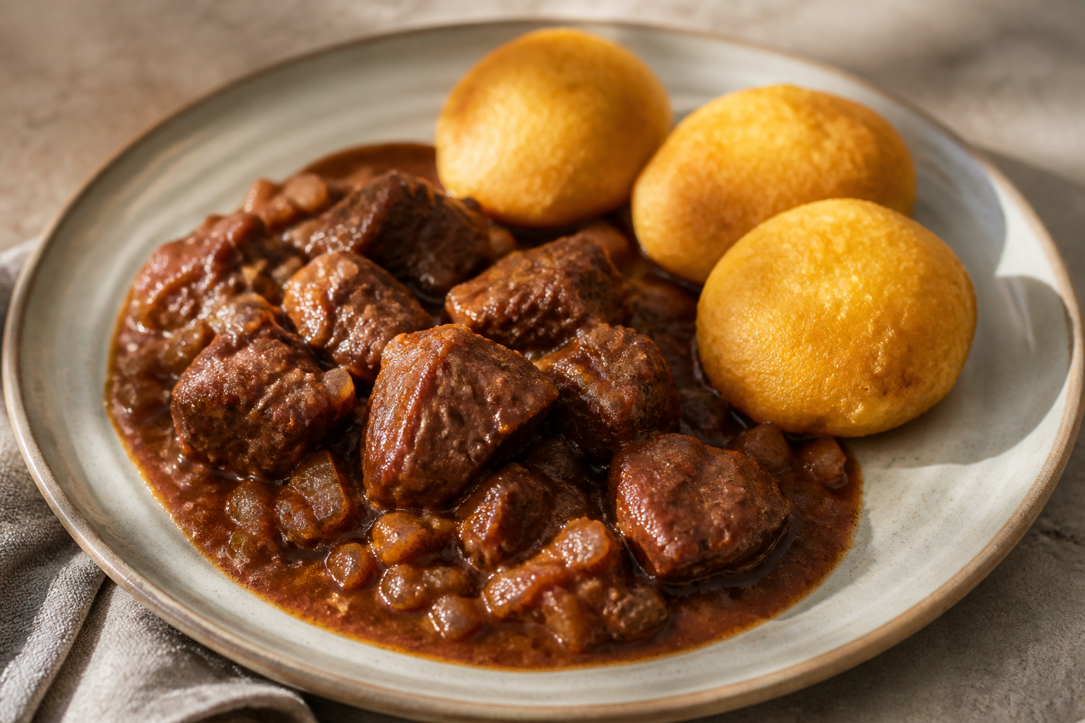 Honduran Beef in Cocoa and Sour Orange Adobo with Golden Corn Dumplings
