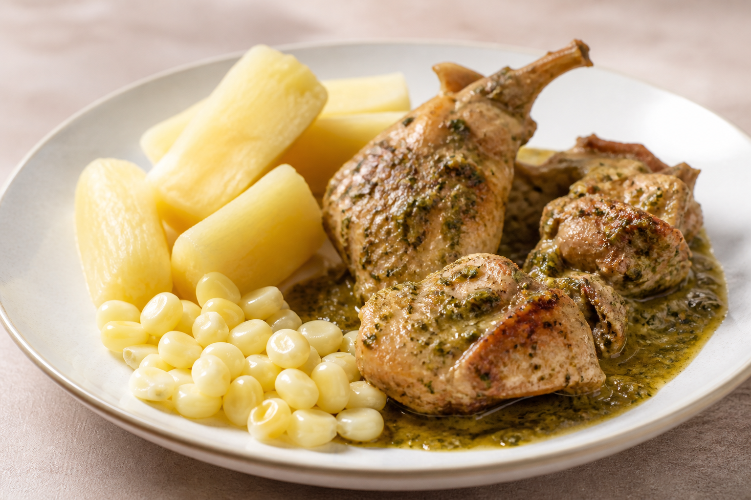 Conejo Criollo en Salsa de Guatila y Cilantro con Mote de Yuca y Maíz Tierno