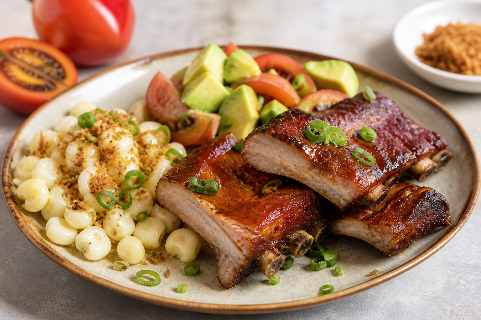 Criollo Ribs with Tamarillo-Panela Glaze, Sweet Corn Hominy and Avocado Salad