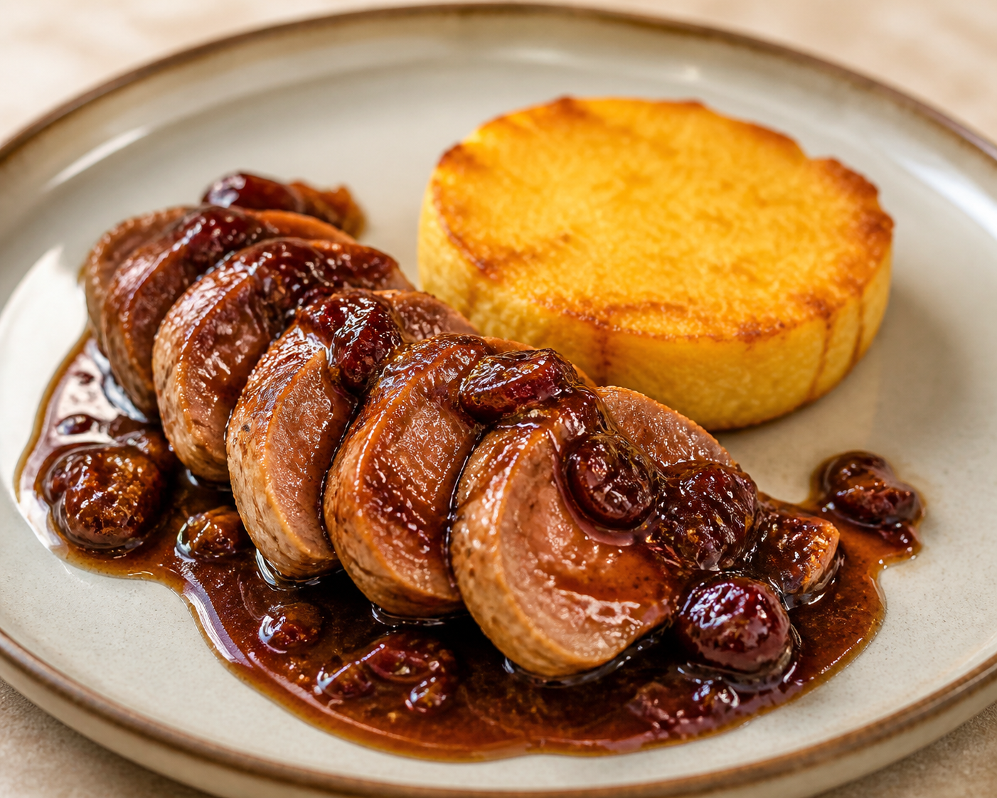 Colombian Pork Loin in Coffee and Plum Sauce with Golden Sweet Corn Cake