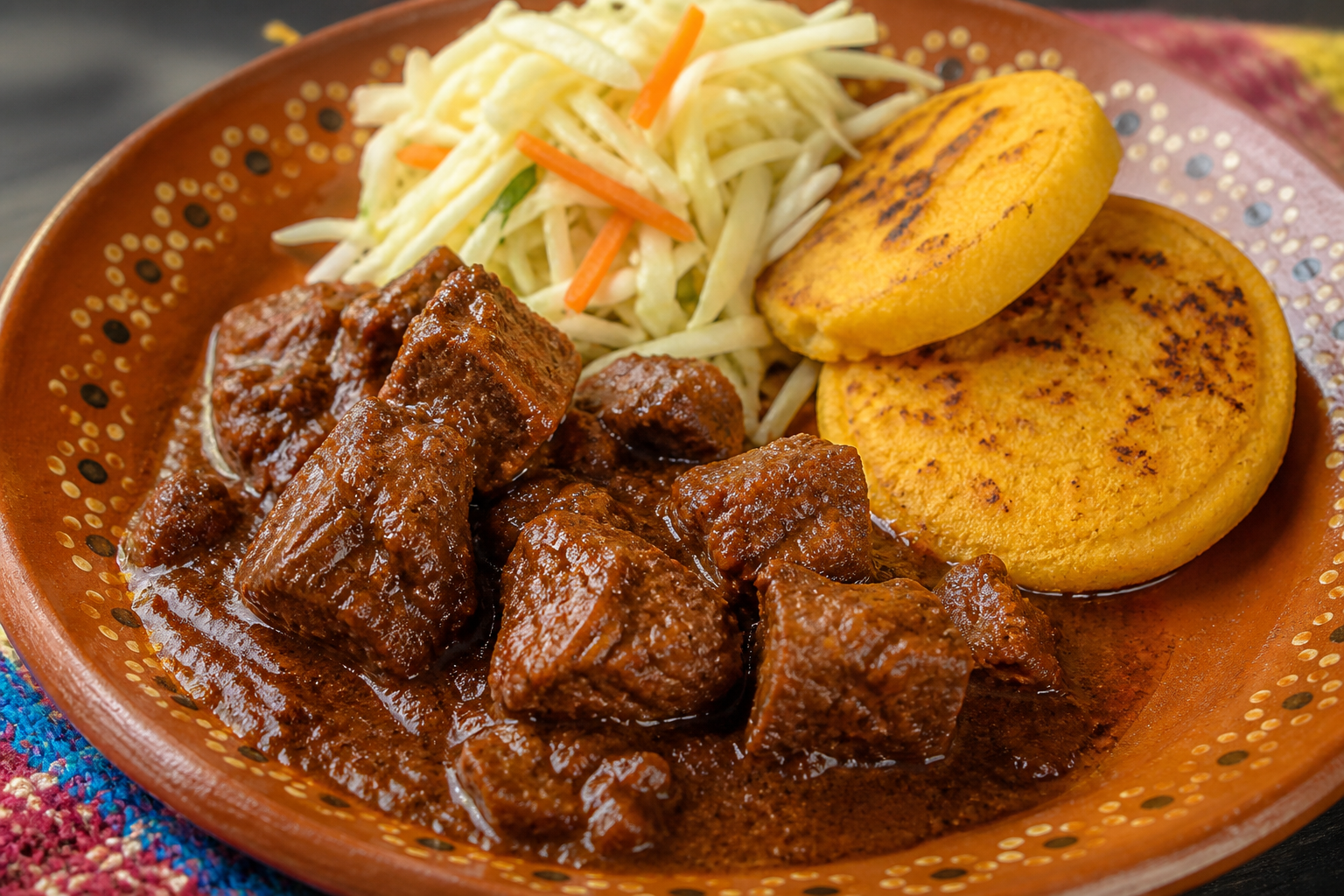 Honduran Beef in Tamarind and Dried Pepper Sauce with Golden Montucas and Cabbage Salad