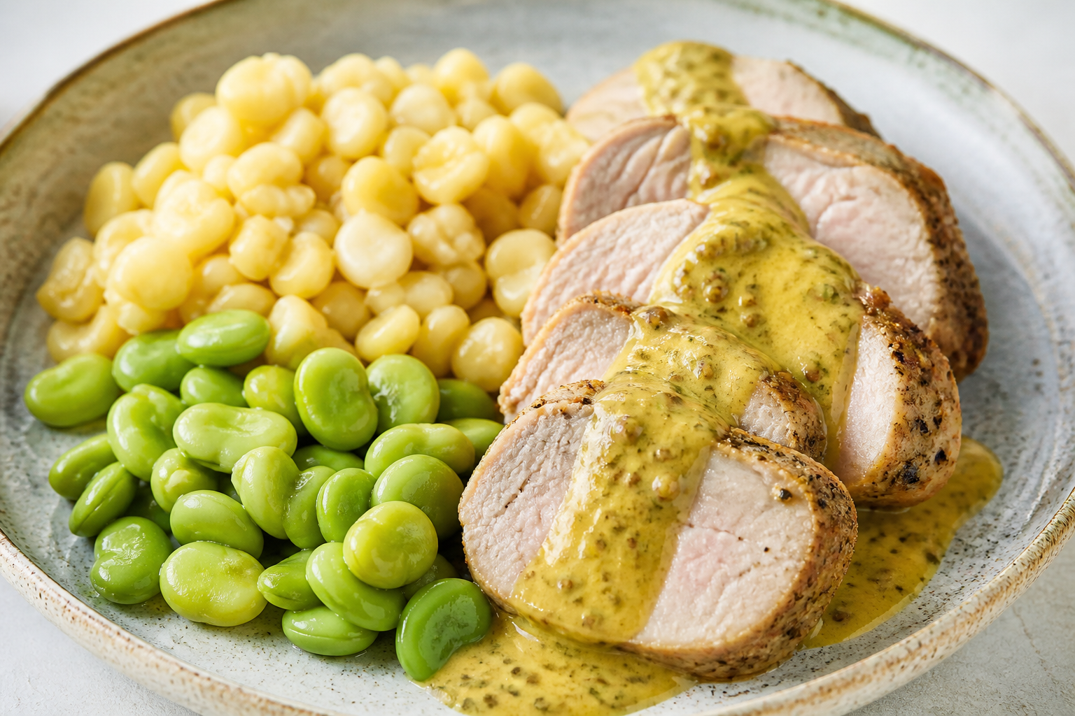 Colombian Pork Loin in Feijoa Mustard Sauce with Sweet Corn Hominy and Tender Fava Beans