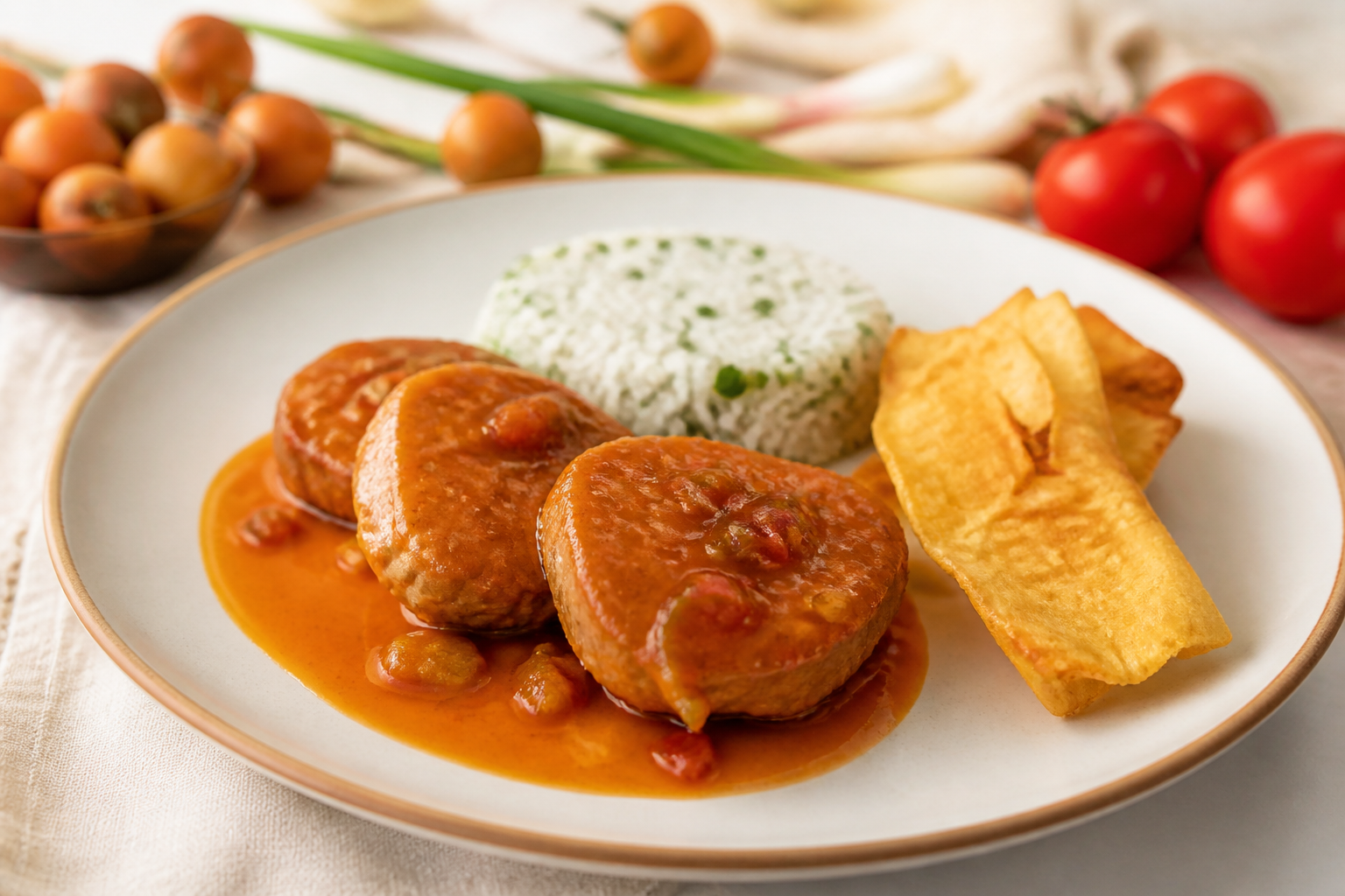 Lomo de cerdo colombiano en salsa de tamarillo ahumado con arroz de coco y cilantro y chips de yuca