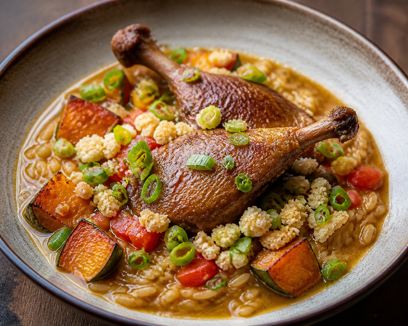 Colombian Duck Brothy Rice with Roasted Squash, Scallion Hogao, and Arepa Crumble