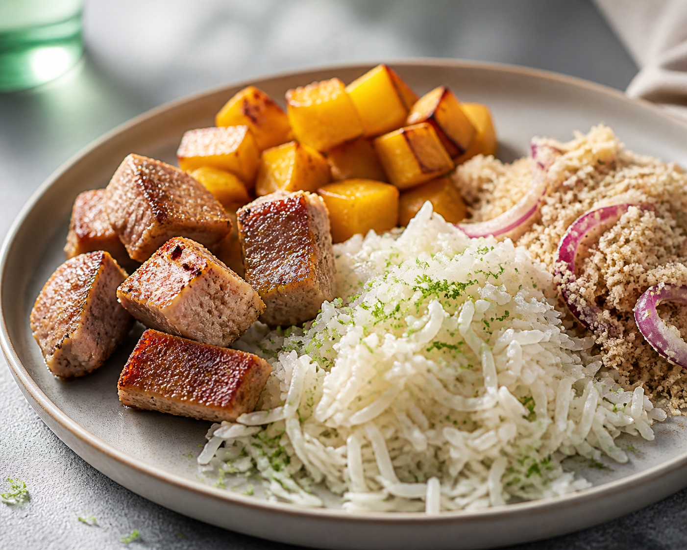 Brazilian Creamy Coconut-Lime Rice with Seared Pork, Roasted Squash, and Red Onion Farofa