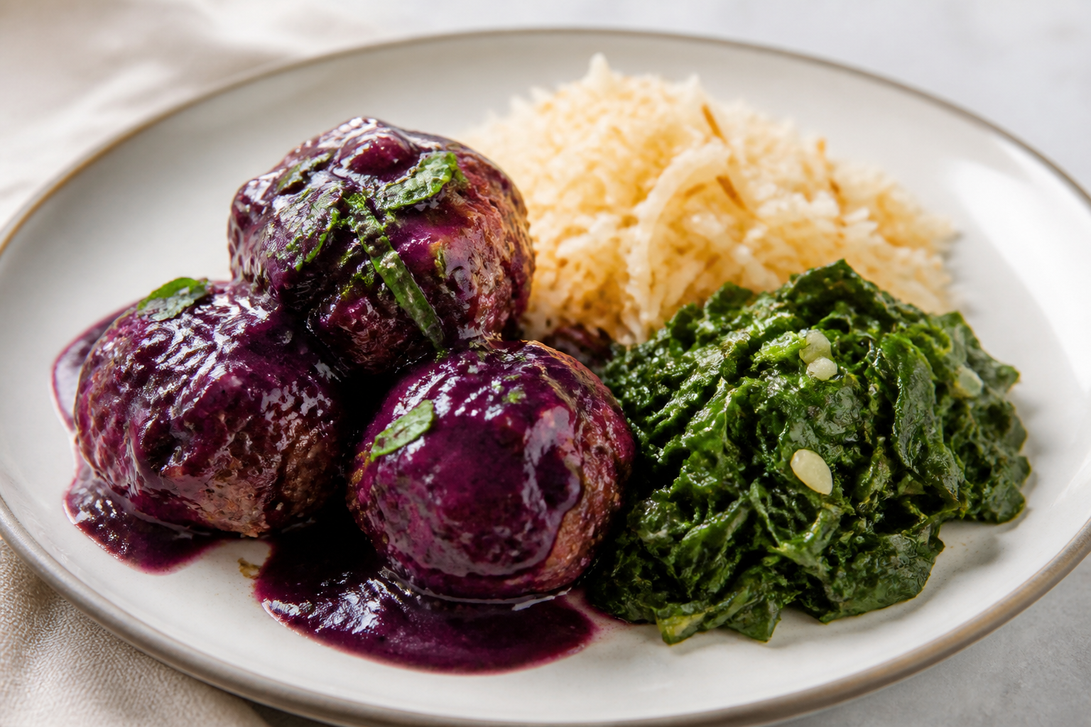 Brazilian Turkey Meatballs with Açaí-Ginger Sauce, Toasted Coconut Rice, and Garlicky Collard Greens