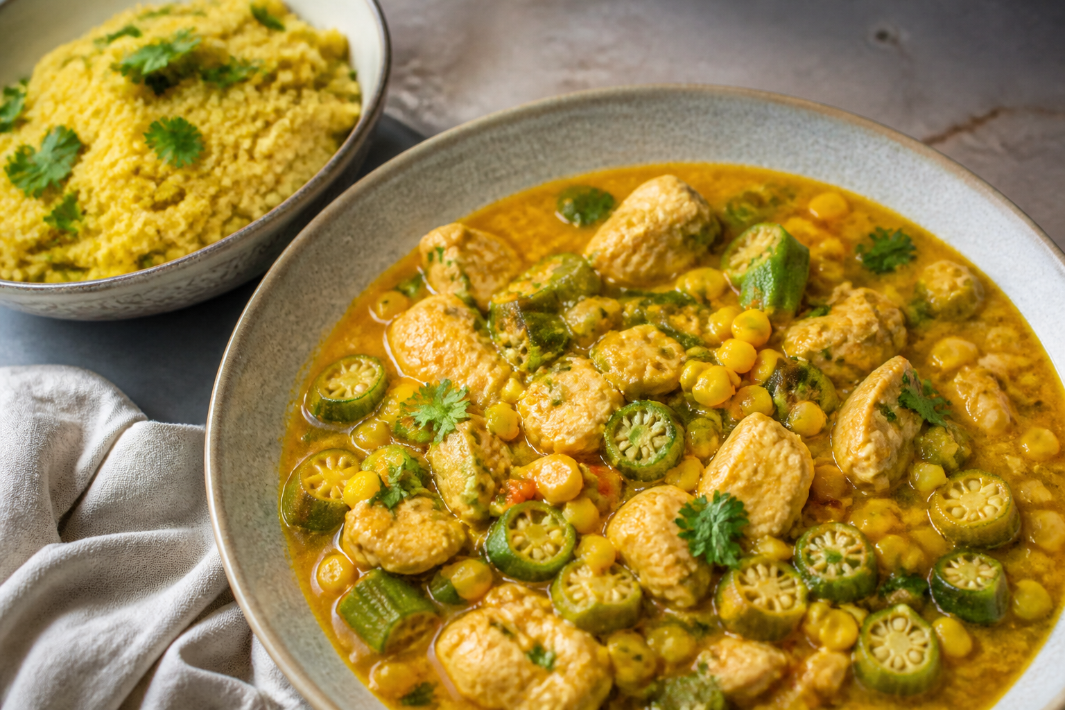 Cazuela Brasileña de Pollo con Quiabo, Maíz y Crema de Coco con Farofa de Limón