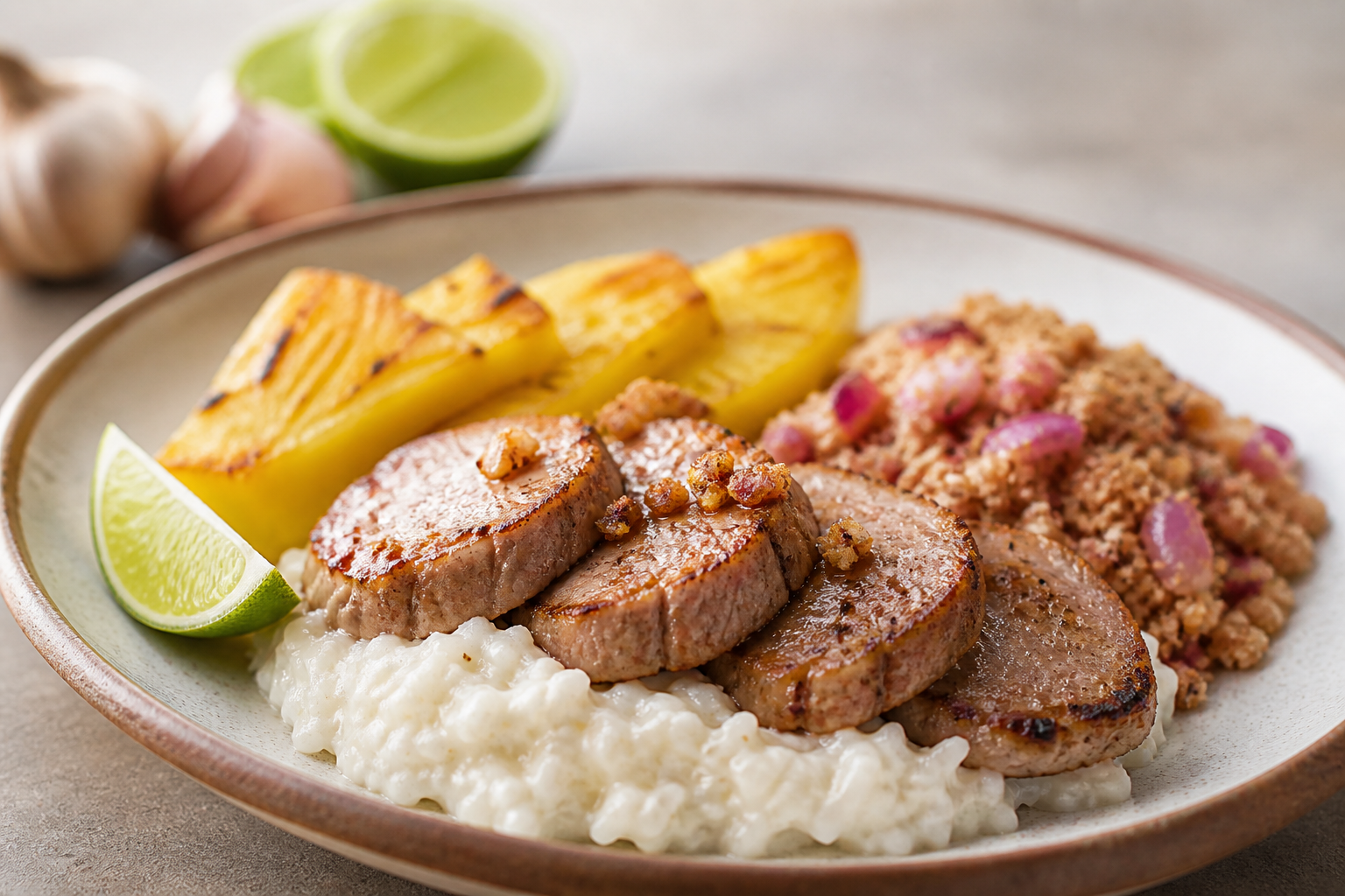 Arroz Cremoso Brasileño de Coco con Cerdo Dorado, Piña Asada y Farofa de Cebolla Morada