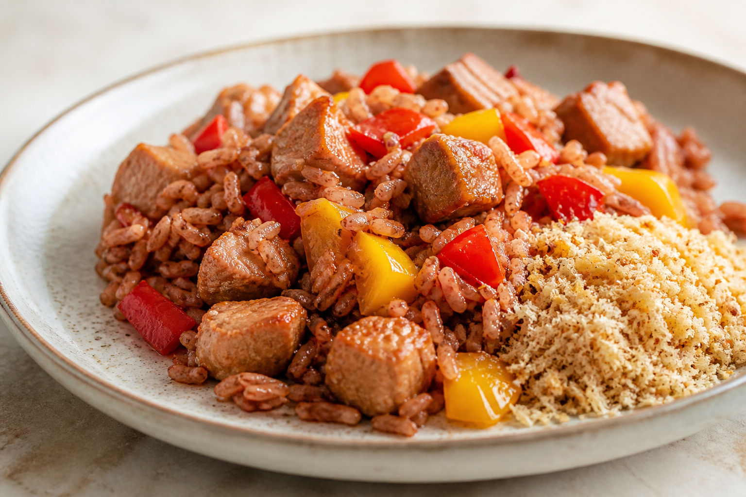 Cazuela Brasileña de Arroz Rojo con Cerdo, Pimientos Asados y Farofa de Coco
