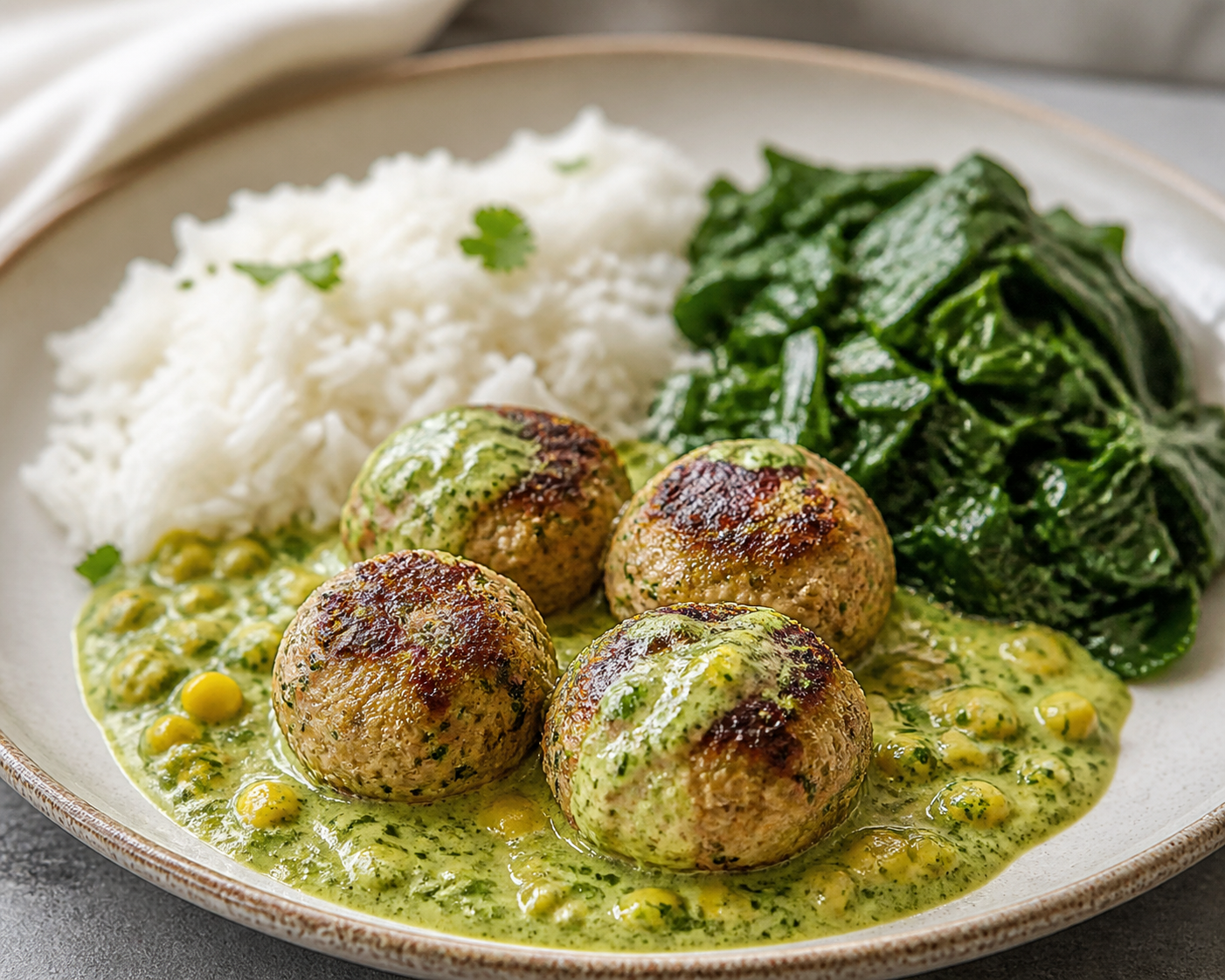 Brazilian Turkey Meatballs with Creamy Green Corn Sauce, Coconut Rice, and Garlic Collard Greens