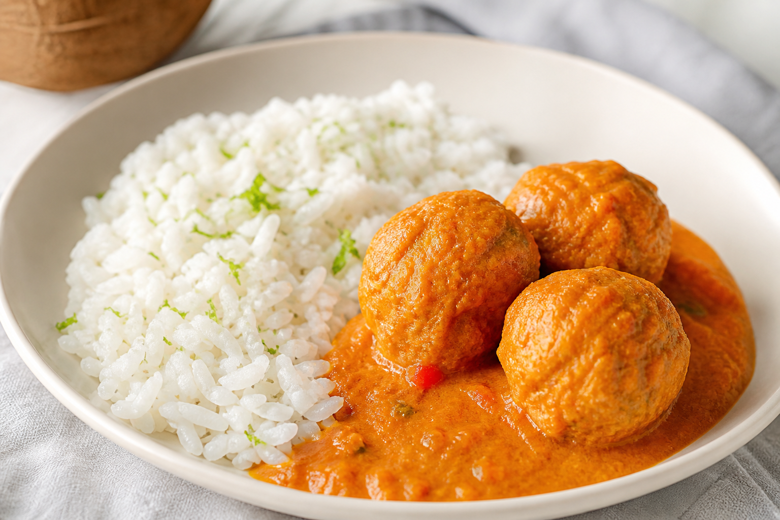 Dominican Chicken and Yuca Meatballs in Pumpkin Sofrito with Coconut Lime Rice