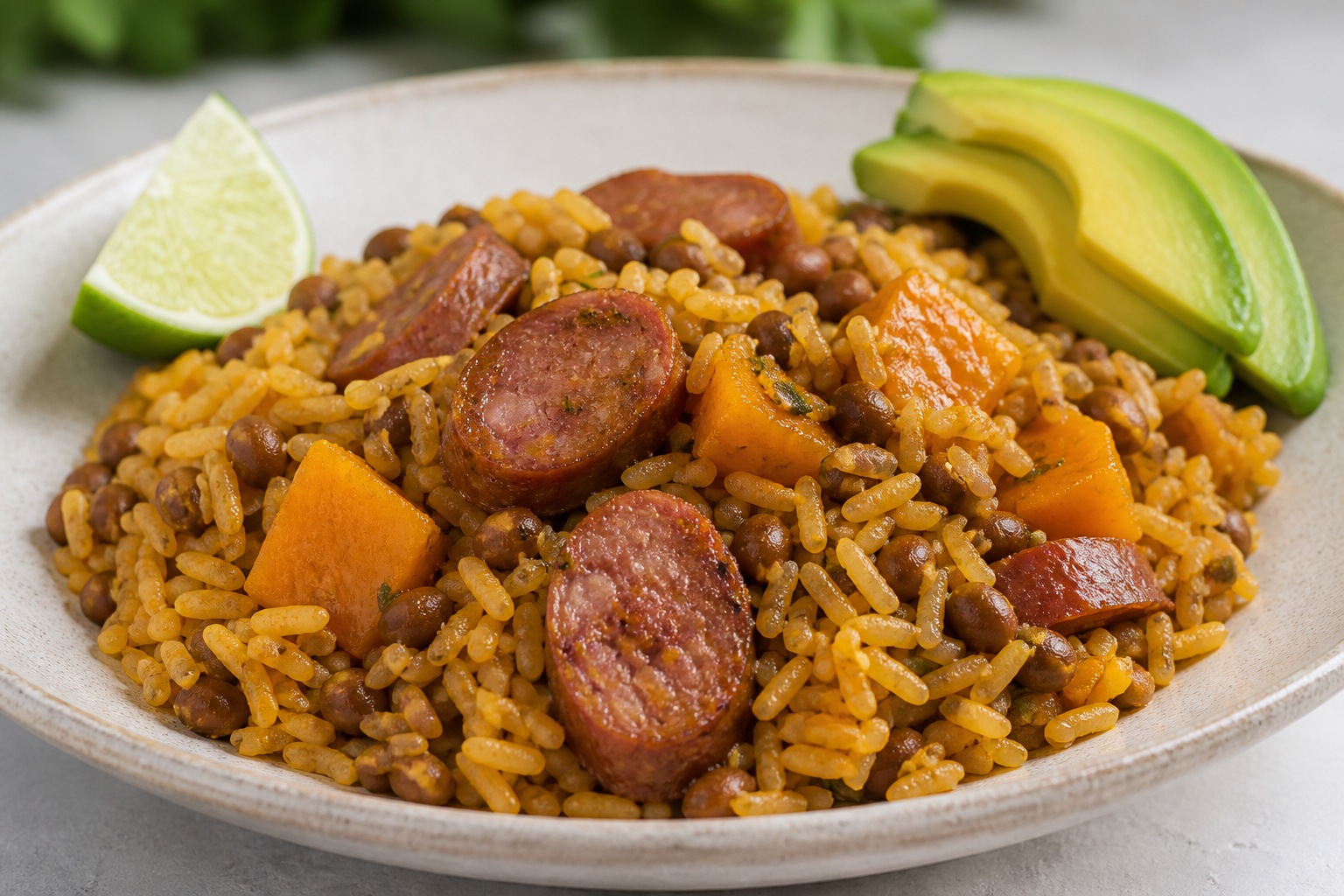 Locrio Dominicano de Longaniza con Guandules, Auyama y Aguacate al Limón