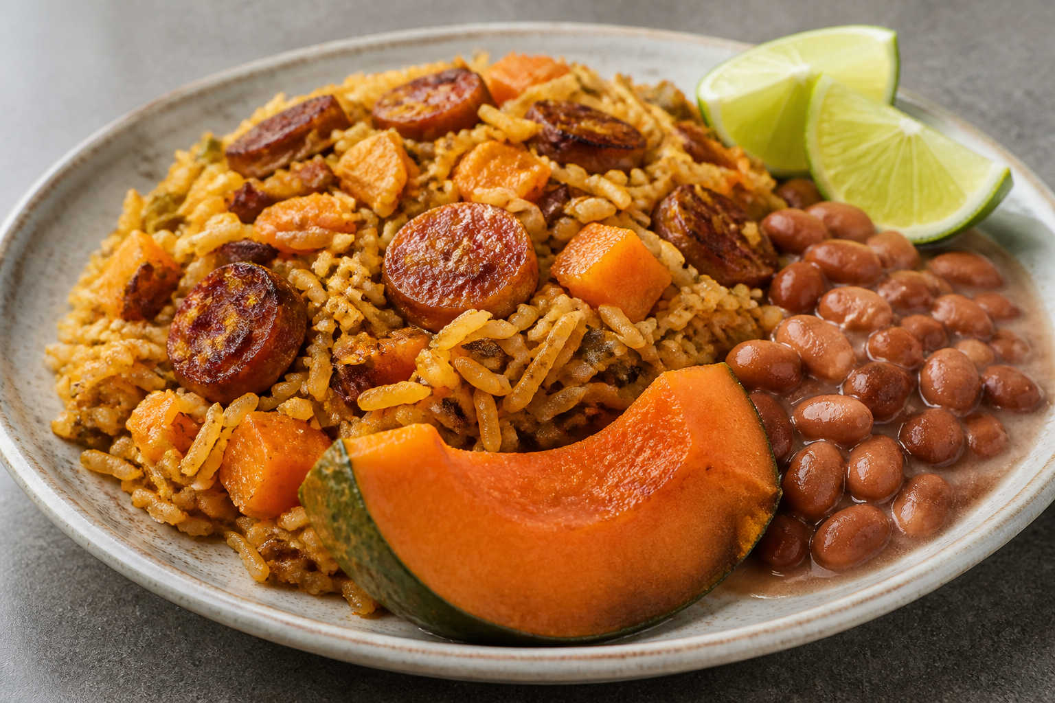 Dominican Longaniza Locrio with Pinto Beans, Pumpkin, and Criollo Limes