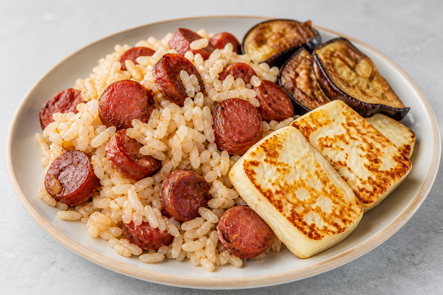 Locrio Dominicano de Longaniza, Berenjena Asada y Queso de Freír Crujiente