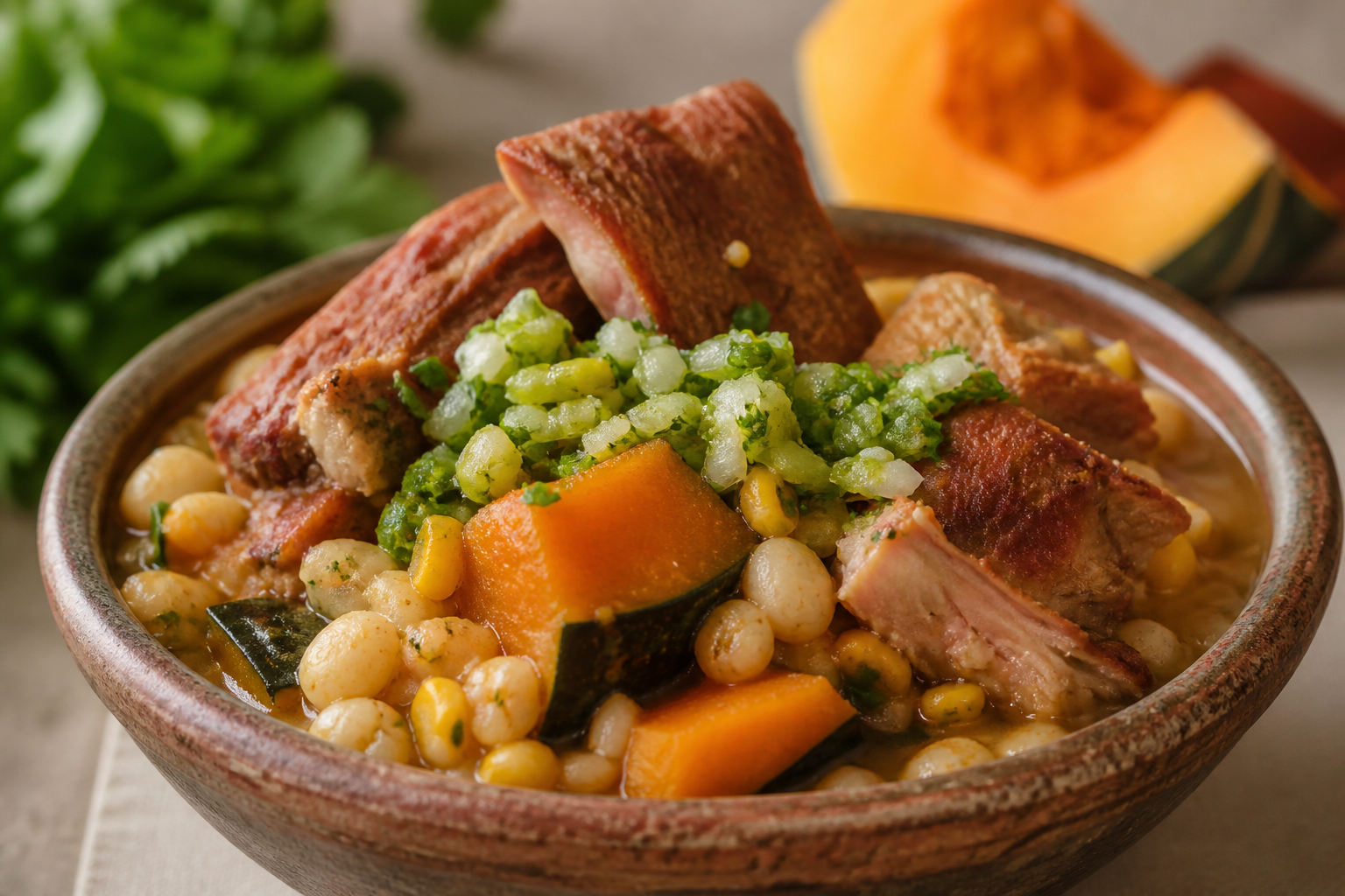 Chilean Hominy Wheat Stew with Smoked Pork Ribs, Squash, and Warm Green Apple Pebre