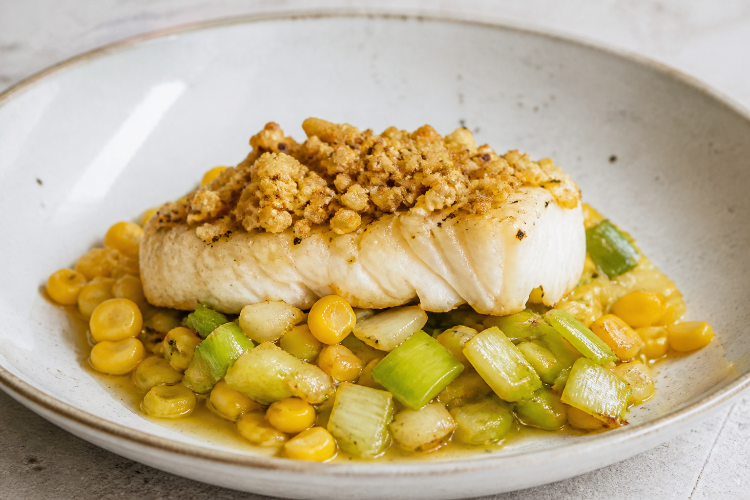 Corn and Smoked Hake Bake with Caramelized Leeks and Crunchy Mote Crust