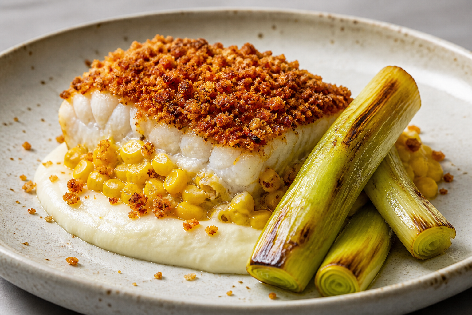 Hake and Corn Bake with Cauliflower Mash, Roasted Leek, and Merkén Marraqueta Crust