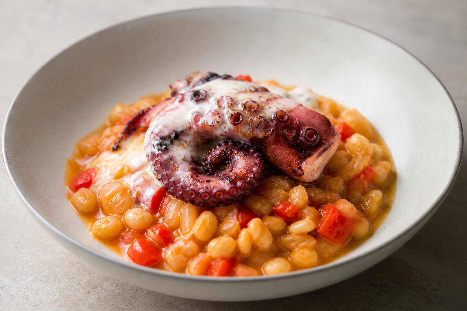 Guiso Chileno de Trigo Mote con Pulpo, Pimentón Asado y Crema de Ajo