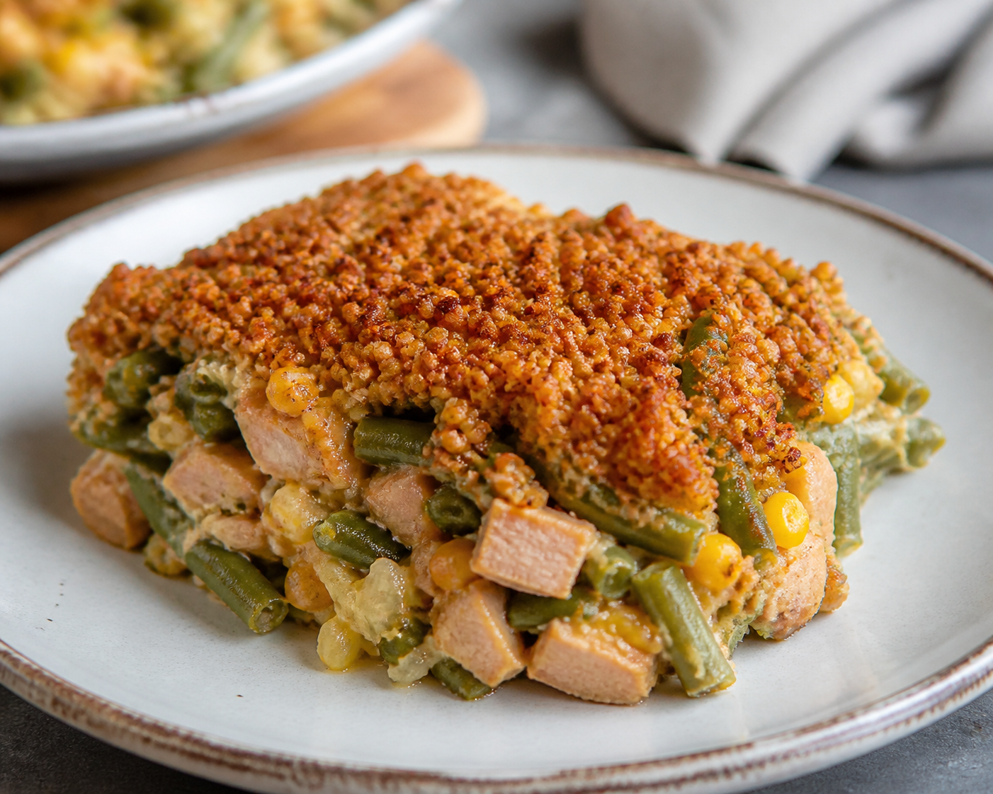 Pastel Campero de Choclo, Pavo Ahumado y Porotos Verdes con Costra de Quínoa al Merkén