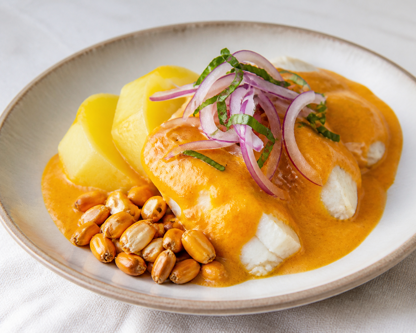 Lima-Style Fish Pepián with Toasted Corn, Basil, and Yellow Potatoes