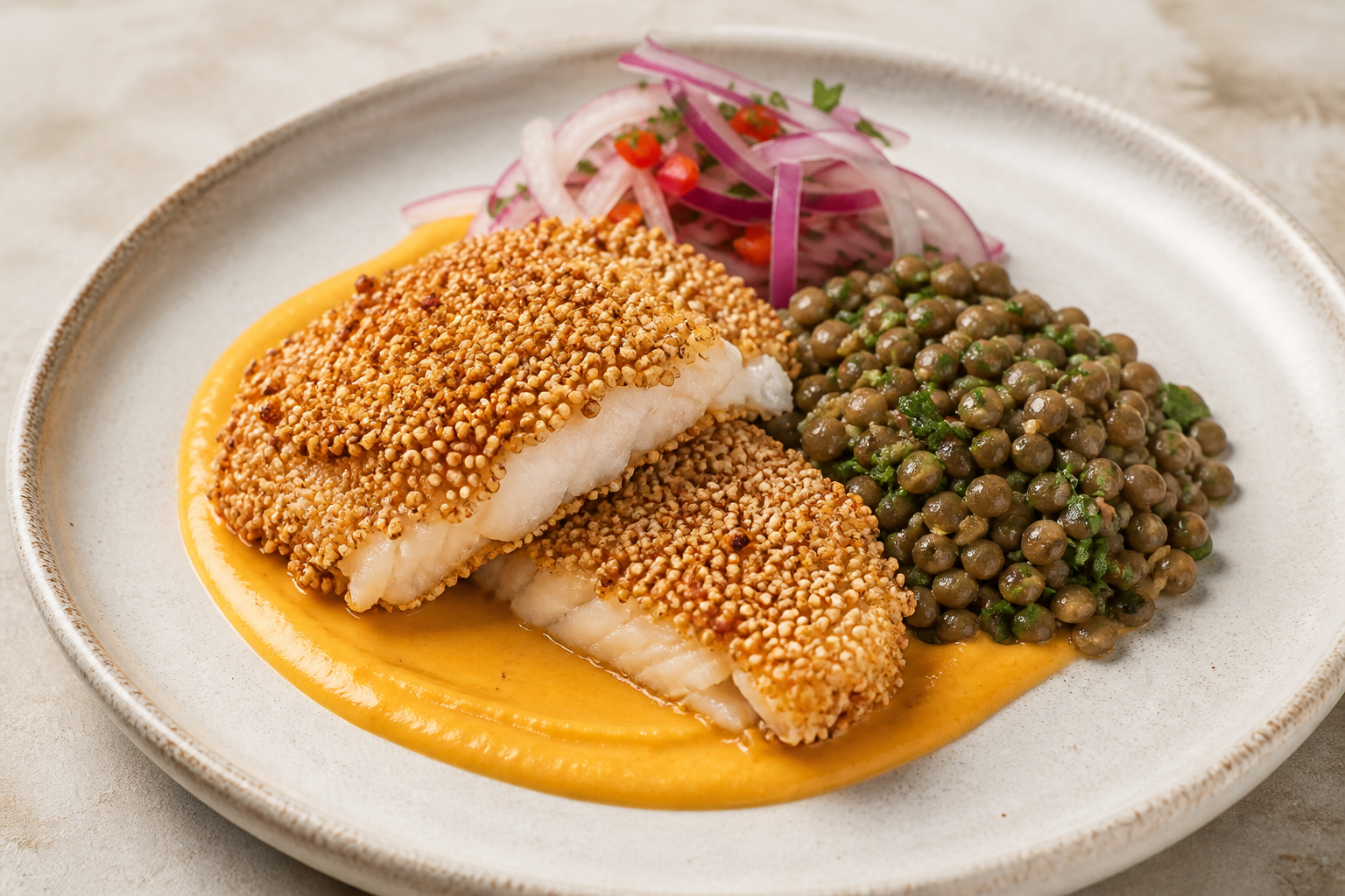 Kiwicha-Crusted Fish with Warm Aji Amarillo Cream, Cilantro Lentils, and Creole Onion Salad