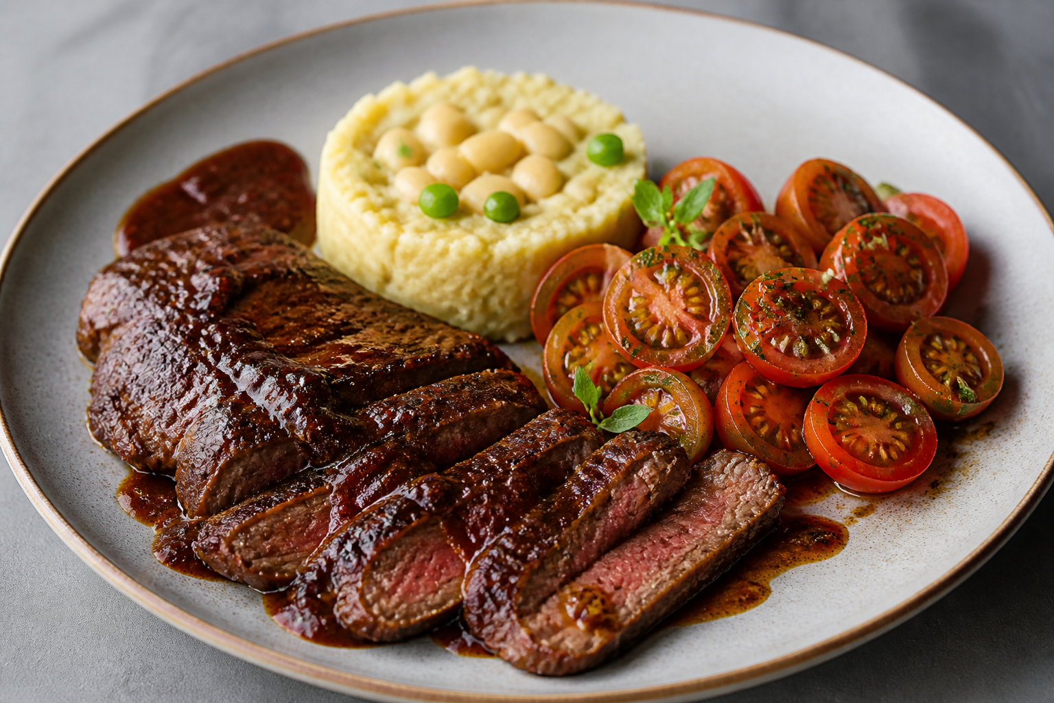 Bistec de Res al Ají Panca con Puré de Pallares y Ensalada Tibia de Tomate y Oregano