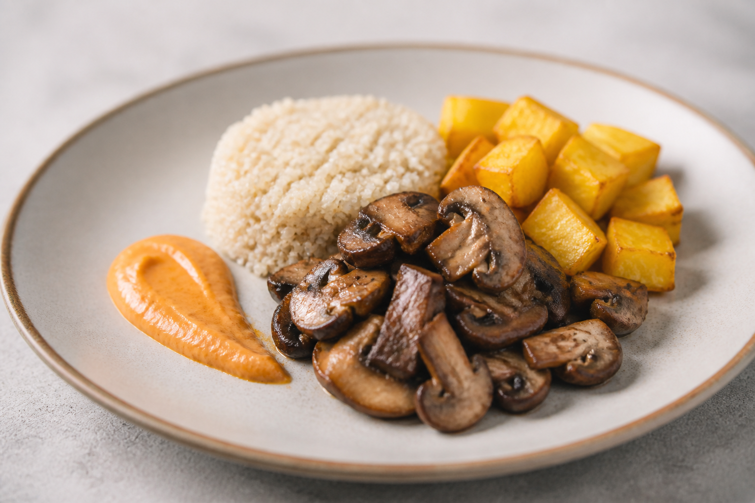 Lomo Saltado de Hongos y Quinua con Crema de Rocoto y Papa Amarilla Dorada