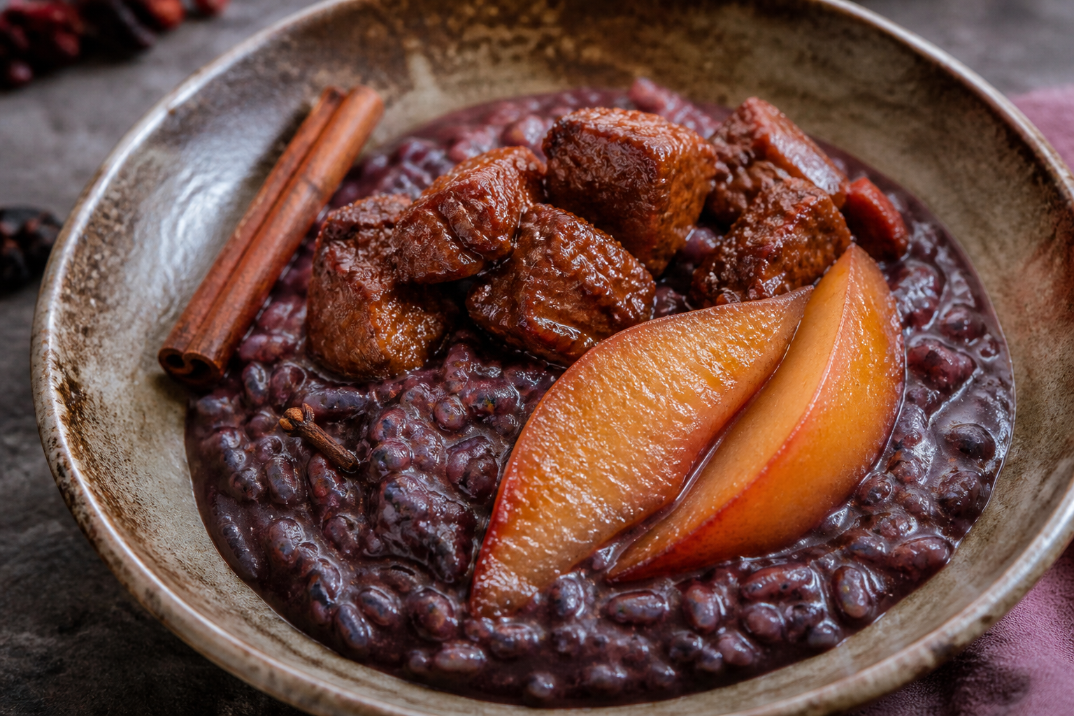 Mazamorra Salada de Maíz Morado con Cerdo al Ají Panca y Peras Caramelizadas