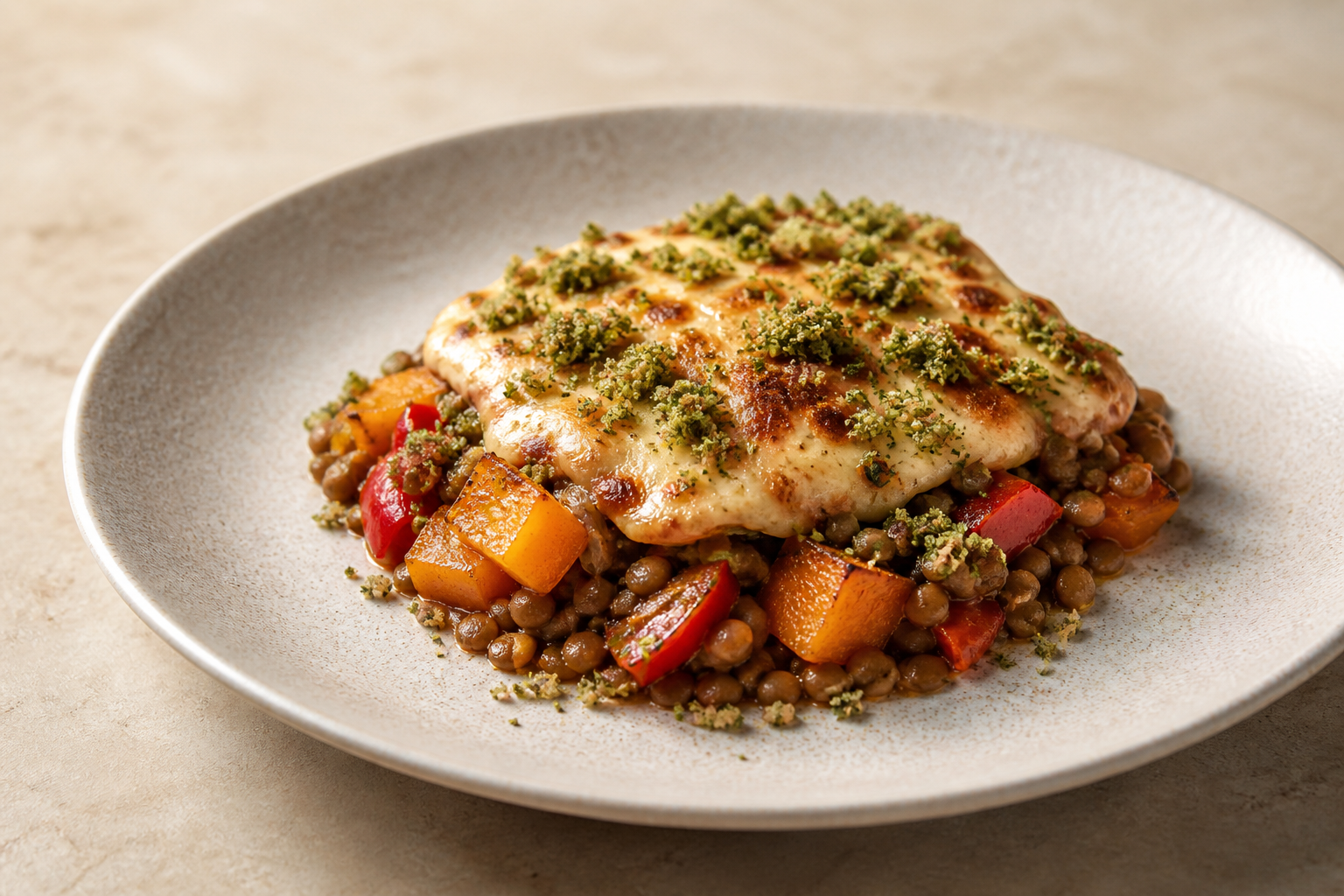 Creole lentil bake with roasted kabocha squash, provoleta gratin, and chimichurri crumbs