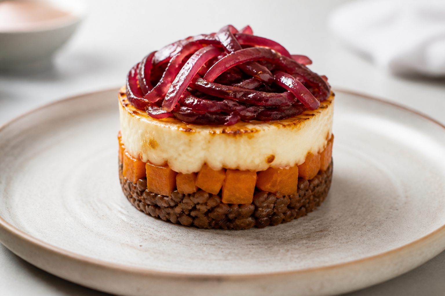 Creole Lentil, Roasted Squash and Provoleta Timbale with Malbec Onions