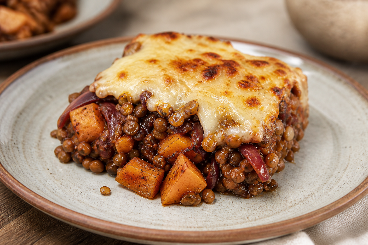 Pastel criollo de lentejas y calabaza con cebolla morada al Malbec y gratín de queso sardo