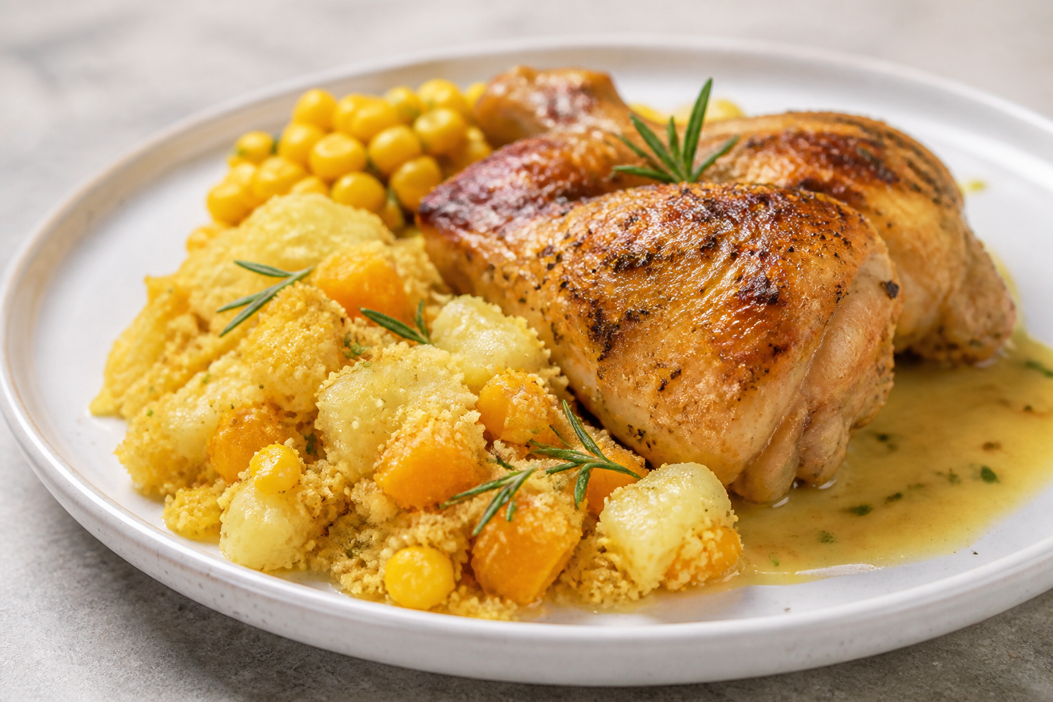 Pollo Criollo al Romero con Farofa de Mandioca y Calabaza, Choclo Salteado y Salsa Tibia de Limón