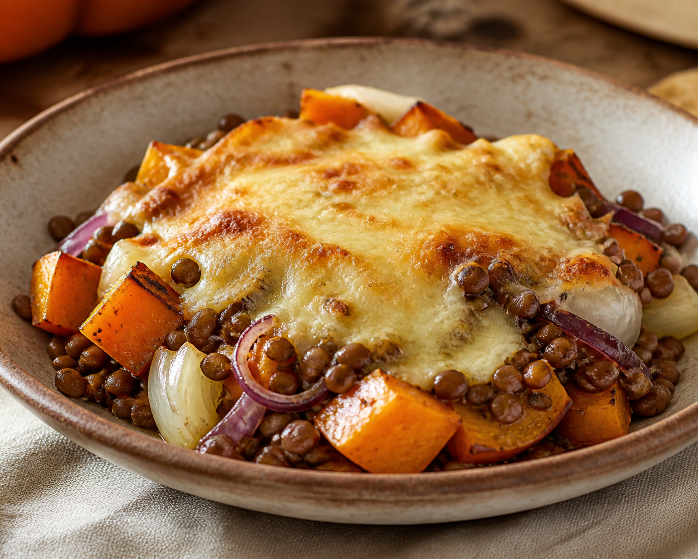 Creole lentil bake with roasted pumpkin, red onion, and sardo cheese gratin