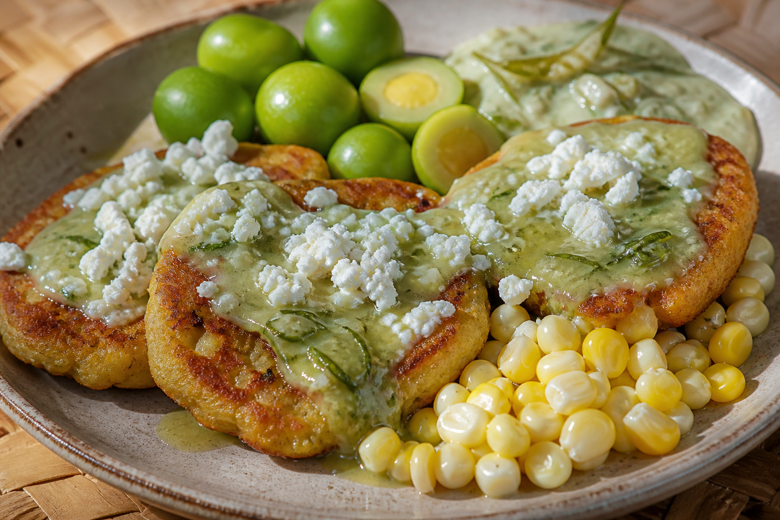 Tortitas salvadoreñas de jocote sazón y maíz con queso fresco y salsa tibia de loroco