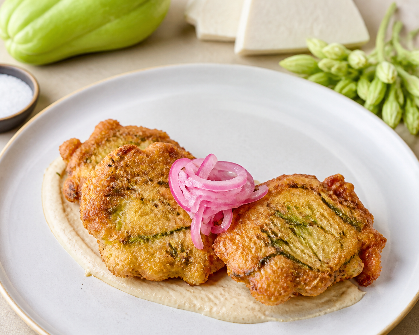 Tortitas salvadoreñas de huisquil y loroco con crema de maíz tostado y cebolla morada avinagrada