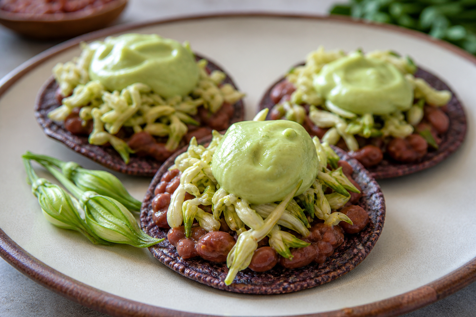 Salvadoran Purple Corn Tostaditas with Red Beans, Loroco, and Avocado Cream