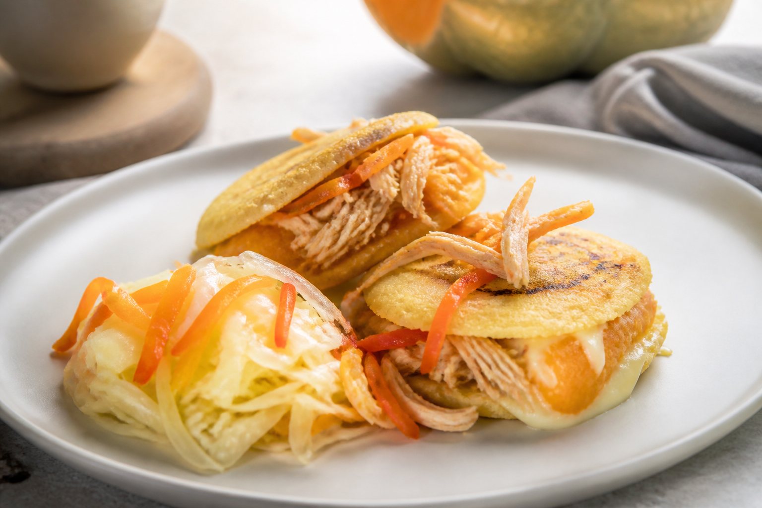 Arepitas Rellenas de Auyama y Queso con Pollo Mechado al Ají Dulce y Encurtido Tibio de Repollo