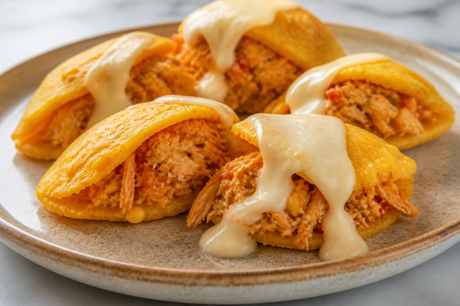 Arepitas Rellenas de Batata y Maíz con Pollo al Ají Dulce y Crema Tibia de Queso Guayanés