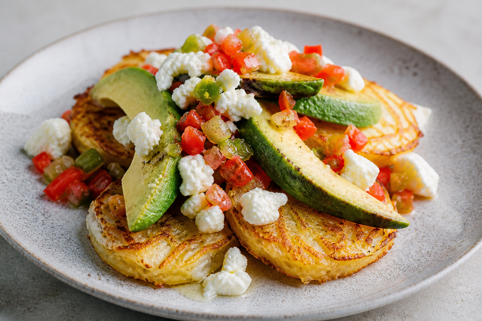 Yuca Rosti Arepitas with Ají Dulce Perico, Smoked Avocado and Queso Llanero