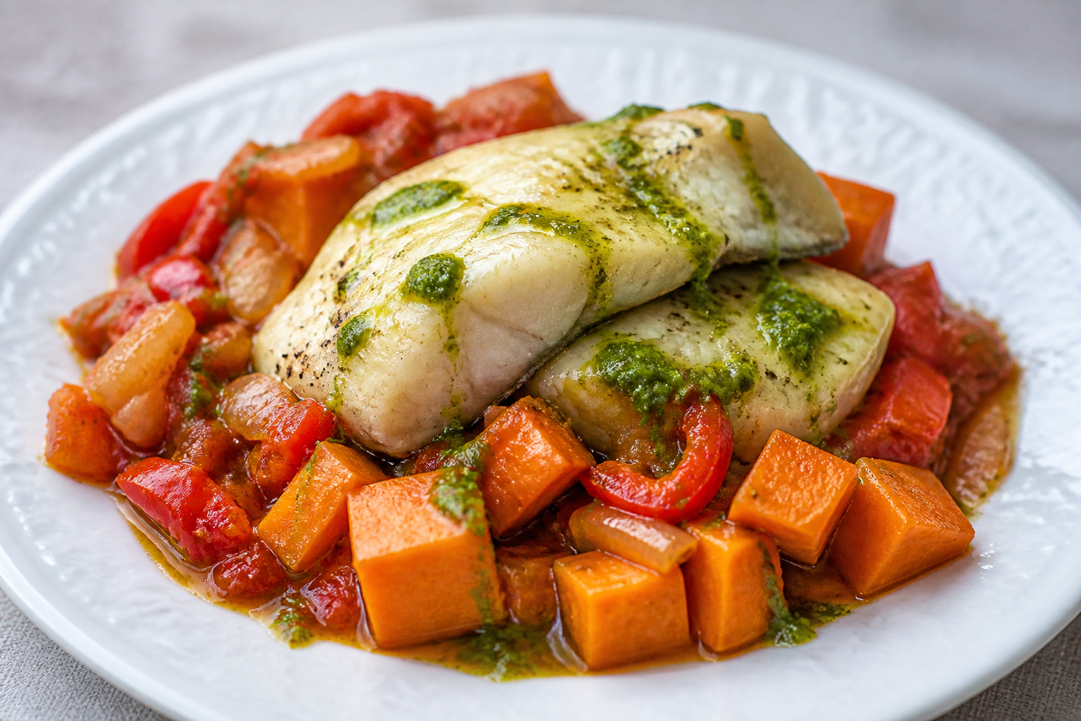 Cuban Cod in Roasted Pepper Sofrito with Sweet Potato and Green Mojo