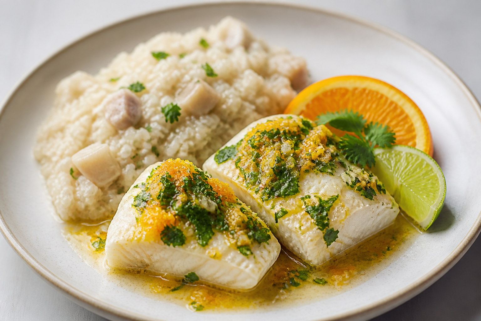 Cuban Fish with Cilantro-Orange Mojo and Creamy Malanga Rice