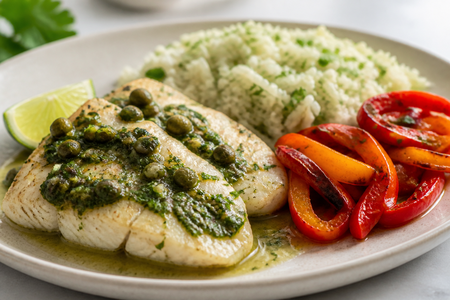 Pescado Cubano al Mojo de Cilantro y Alcaparras con Arroz de Yuca y Pimientos Asados